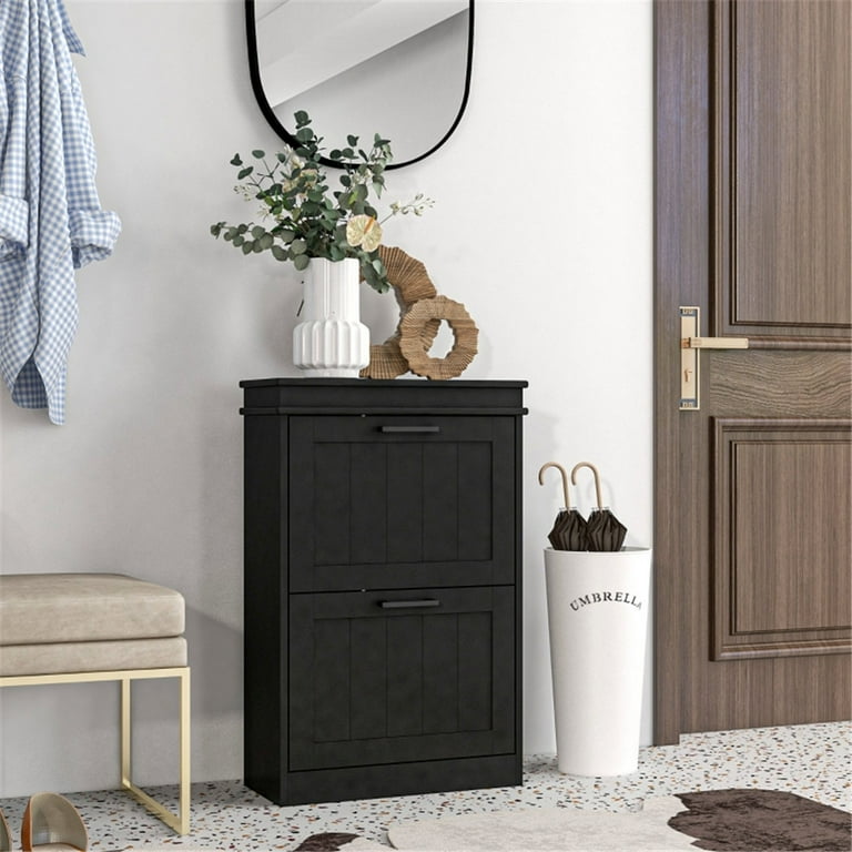 Shoe Storage Cabinet Slim Shoe Rack Cabinet with Flip Drawers and Adjustable Shelf 2 Drawer Shoe Organizer with Tabletop for Hallway Entryway 21.25 W x 9.5 D x 32.5 H Black Walmart