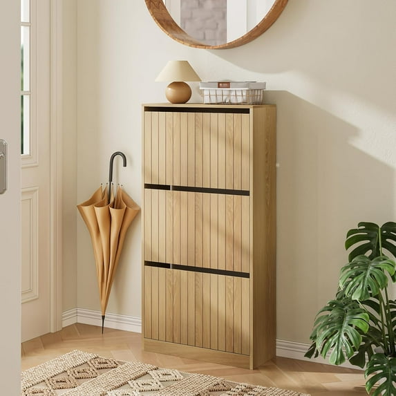 Shoe Storage Cabinet with Vertical Groove Doors 3 Flip Drawers, Narrow Shoe Cabinet Storage for Entryway, Freestanding Shoe Organizer Cabinet, Slim Shoe Rack Cabinet (Natural Oak Grain)