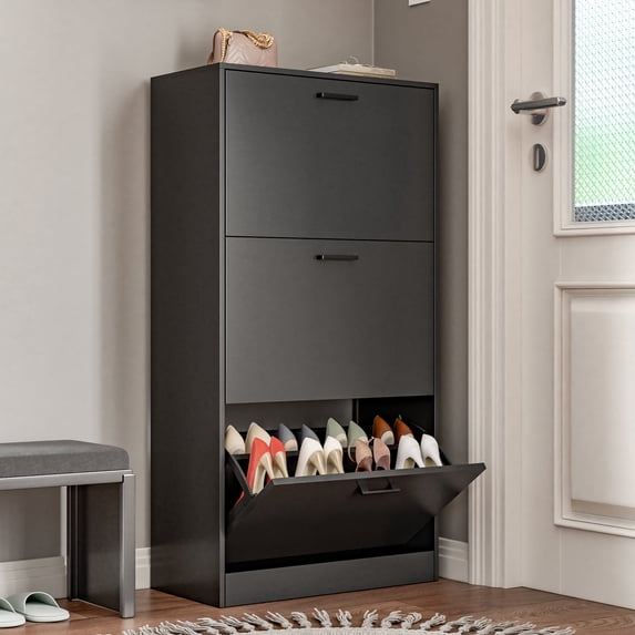 Shoe Storage Cabinet, Wood Shoe Organizer for Entryway with 3 Flip Drawers, Freestanding Shoe Rack with Adjustable Shelf, Narrow Shoe Dresser for Front Door Entrance Blake