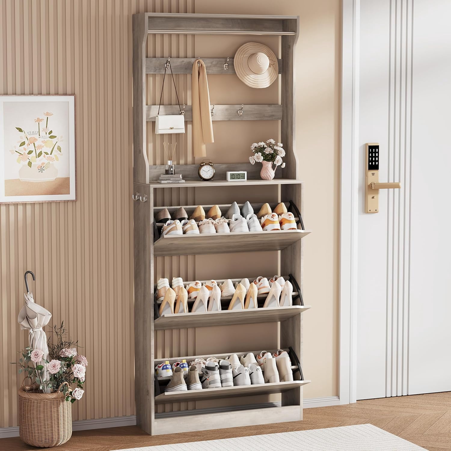 Shoe Storage Cabinet, Wood Shoe Organizer for Entryway with 3 Flip ...