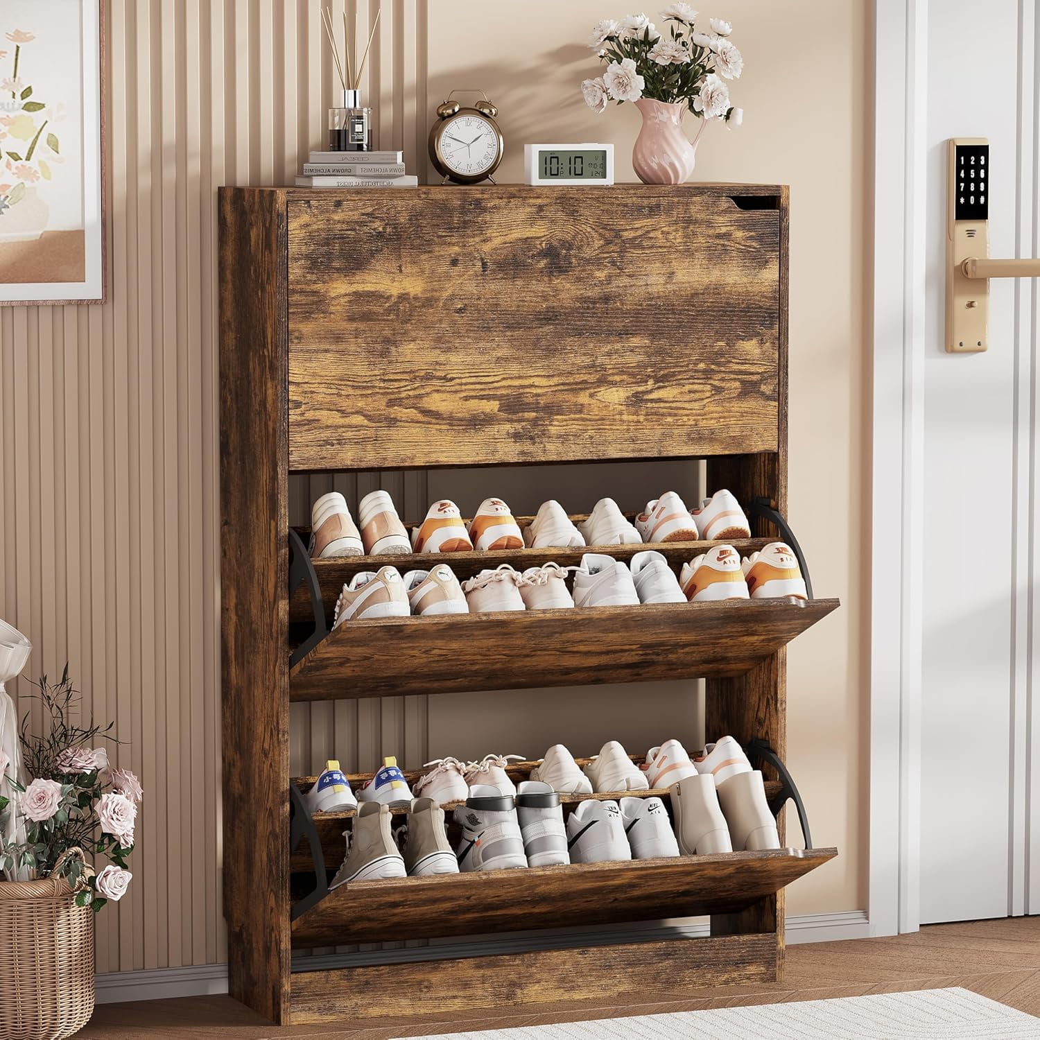 Shoe Storage Cabinet, Wood Shoe Organizer for Entryway with 3 Flip ...