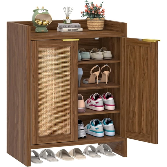 Shoe Storage Cabinet for Entryway, 4-Tier Rattan Shoe Cabinet with Doors & Adjustable Shelves, Boho Narrow Shoe Rack for Entryway Hallway Closet