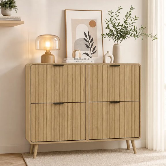 Shoe Storage Cabinet for Entryway Freestanding Narrow Organizer with Adjustable Shelves, 4 Flip Drawers, Fluted Design, 24 Pairs, Anti-Tip, Hallway