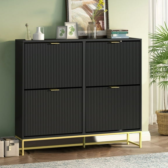 Shoe Storage Cabinet for Entryway, Shoe Cabinet with 4 Flip Drawers, Modern Freestanding Shoe Rack Organizer for Living Room, Black