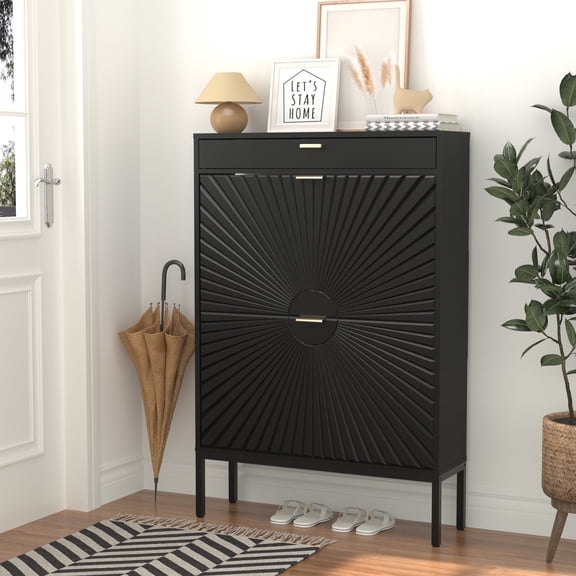 Brafab Shoe Storage Cabinet, Slim Entryway Shoe Organizer with Sun Pattern Doors, 1 Pack