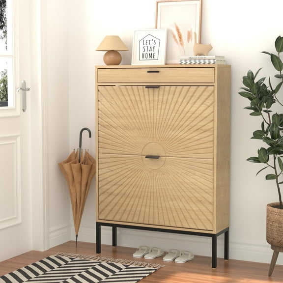 Brafab Shoe Storage Cabinet, Slim Entryway Shoe Organizer with Sun Pattern Doors, 1 Pack