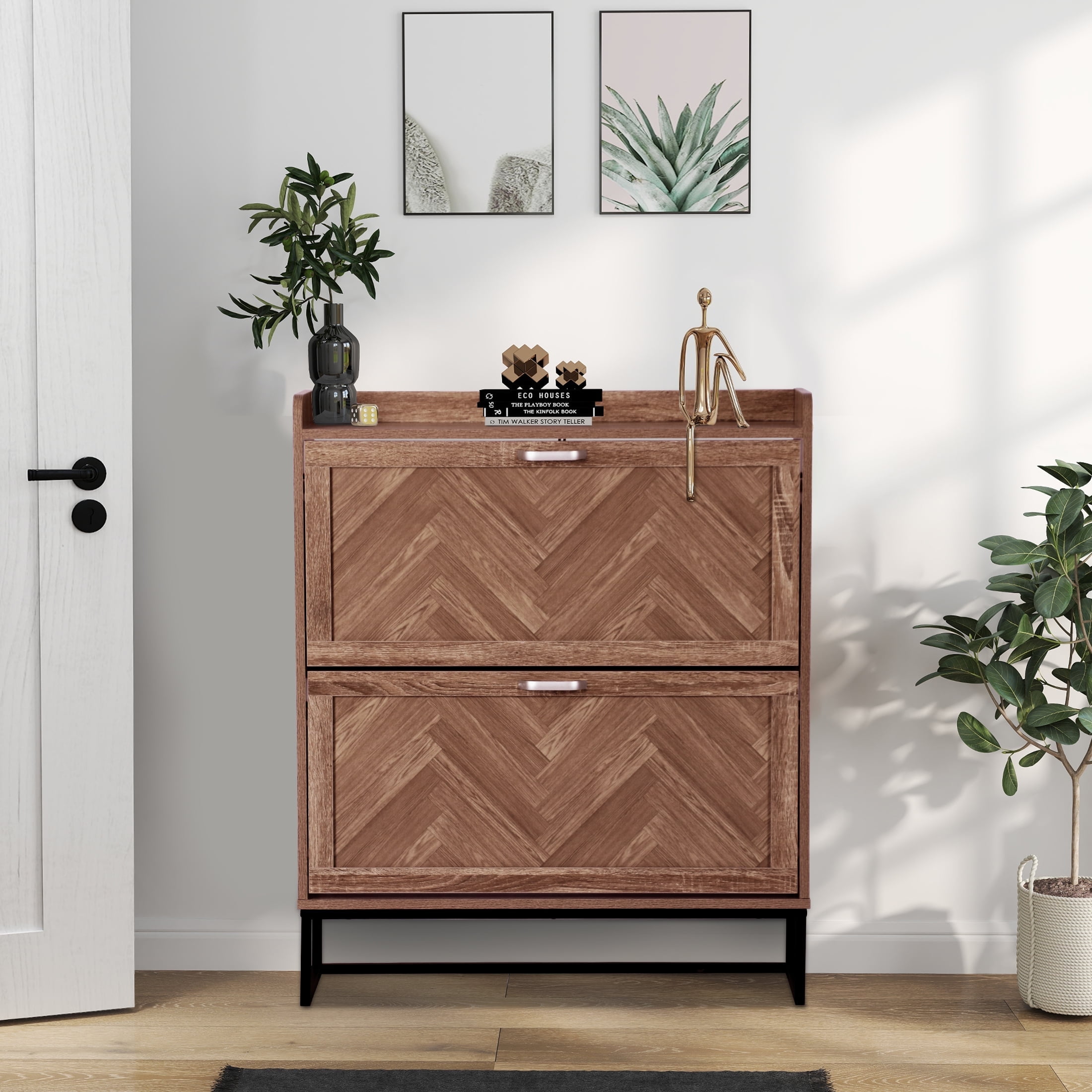 Shoe Storage Cabinet with 2 Flip Drawers, 16 Pairs Herringbone Shoe ...