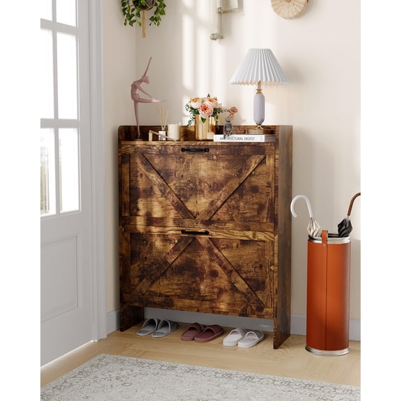 Shoe Storage Cabinet with 2 Flip Drawers, Freestanding Hidden Shoe Organizer with Metal Handle, Slim Shoe Rack for Hallway Living Room, Brown