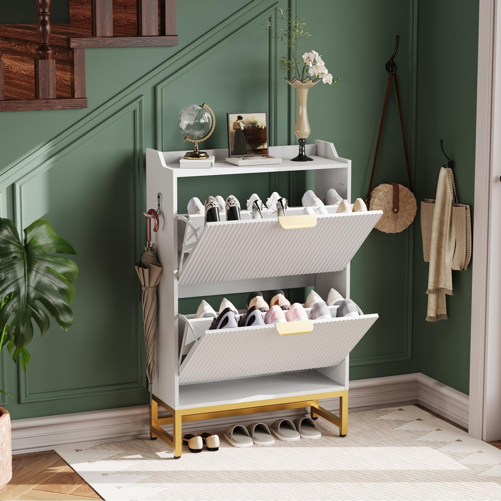 Shoe Storage Cabinet with 2 Flip Drawers, Freestanding Organizer with ...