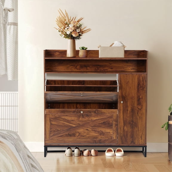 Halicool Shoe Storage Cabinet Freestanding Rustic Brown Flip Drawers Metal Legs