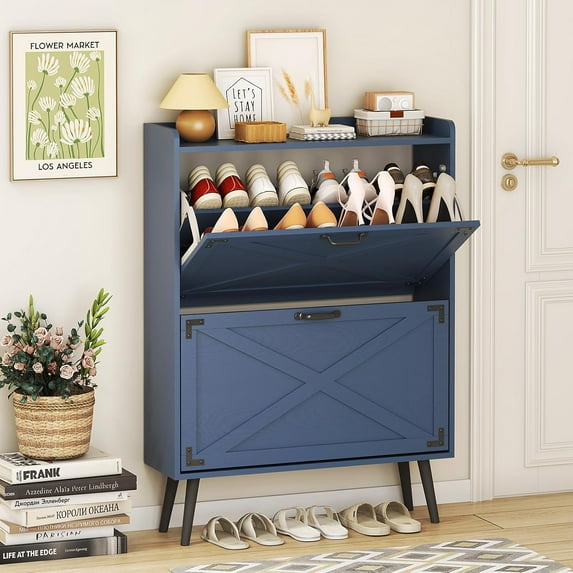Shoe Storage Cabinet with 2 Flip Drawers, Freestanding Shoe Rack Organizer for Entryway, Narrow Hidden Slim Shoe Cabinet for Foyer,Hallway,Blue