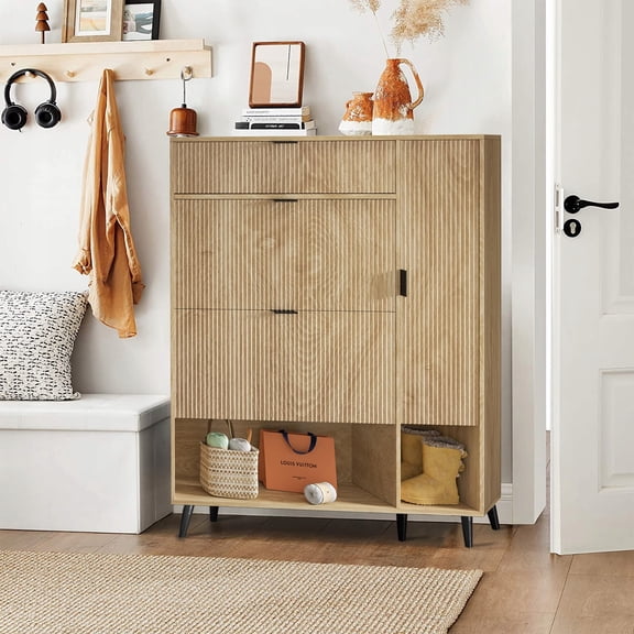 Shoe Storage Cabinet with 2 Flip Drawers, Narrow Shoe Cabinet Entryway, Shoe Organizer Cabinet Wood