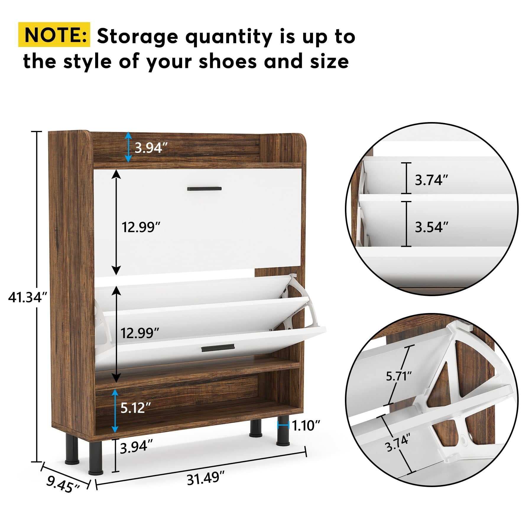 Brown Oak Finish 2-Tier Shoe Storage Cabinet with Flip Drawers