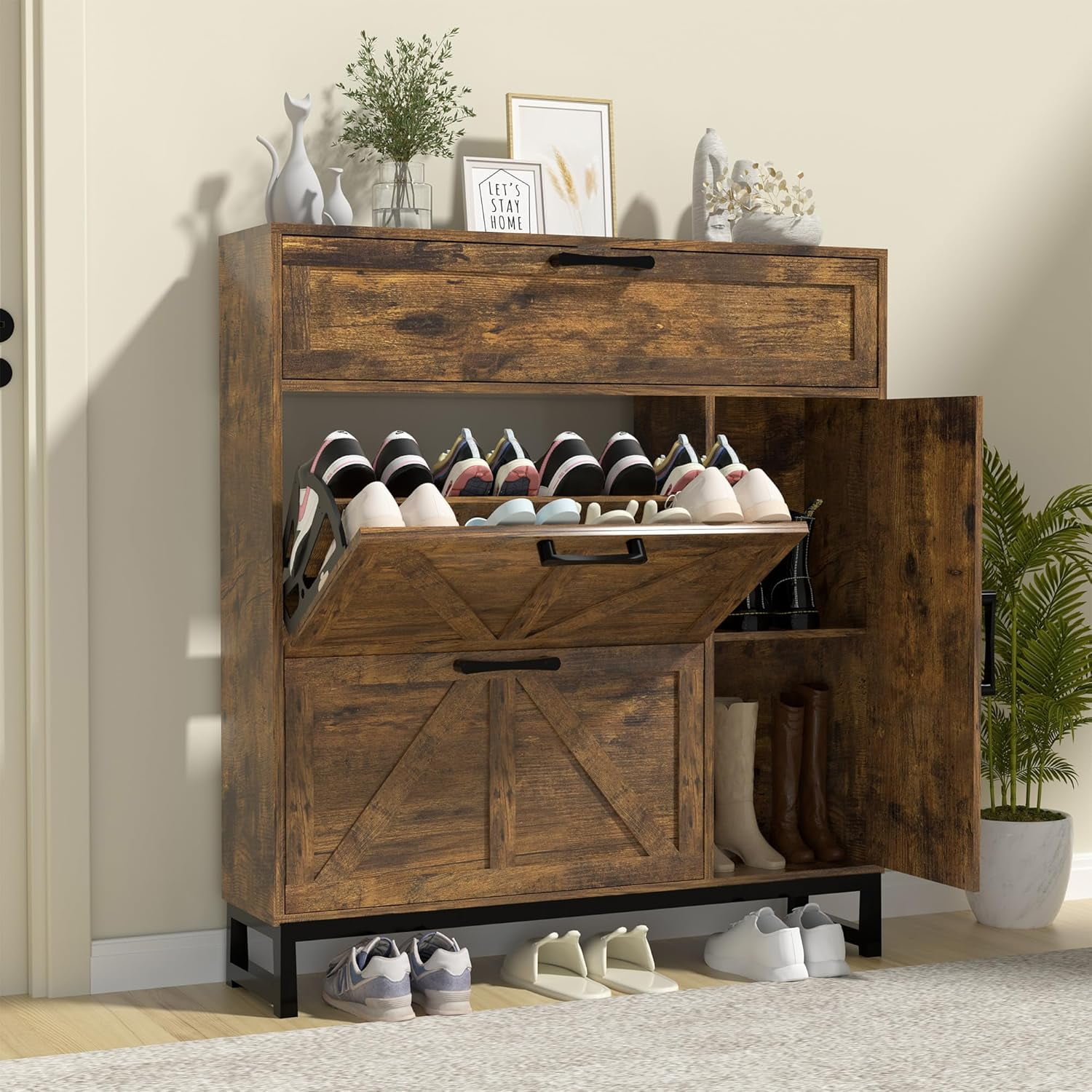 Shoe Storage Cabinet with 2 Flip Drawers Slim Freestanding Shoe Cabinet ...