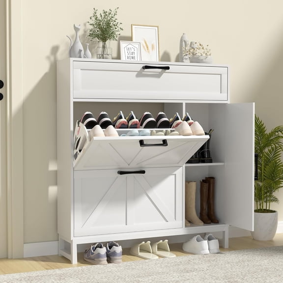 Shoe Storage Cabinet with 2 Flip Drawers, Slim Freestanding Shoe Cabinet, Shoe Rack Cabinet with Open Storage for Entryway, Foyer and Hallway, White