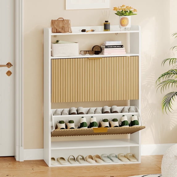 Wooden Shoe Cabinet with 2 Flip Drawers & Open Storage Shoe Rack Organizer for Entryway Hallway,Bedroom,Living Room,Apartment,White