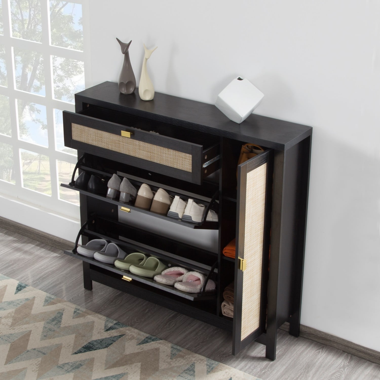 Gewnee Storage Cabinet with 2 Flip drawers With Side Cabinet Entryway,Shoe Storage Cabinet Wooden Hidden Freestanding Shoe Rack Organizer for Hallway, Living Room