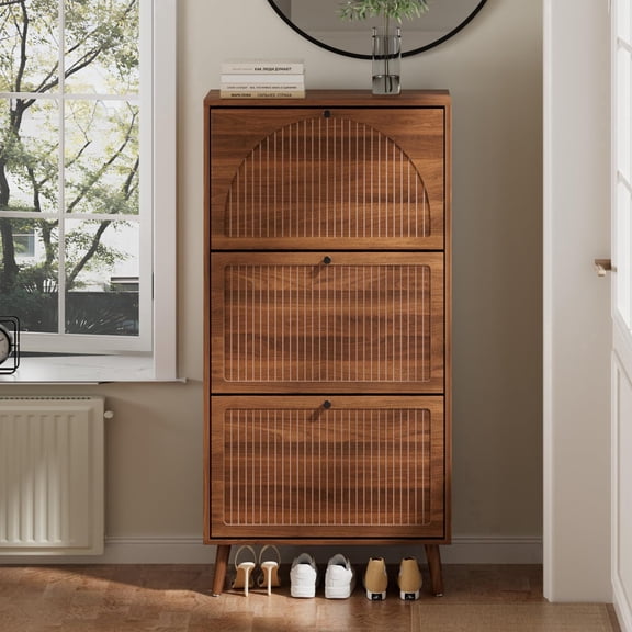 Shoe Storage Cabinet with 3 Flip Drawers, Fluted Narrow Entryway Shoe Organizer, Freestanding Wood Hidden Shoe Cabinet, Walnut