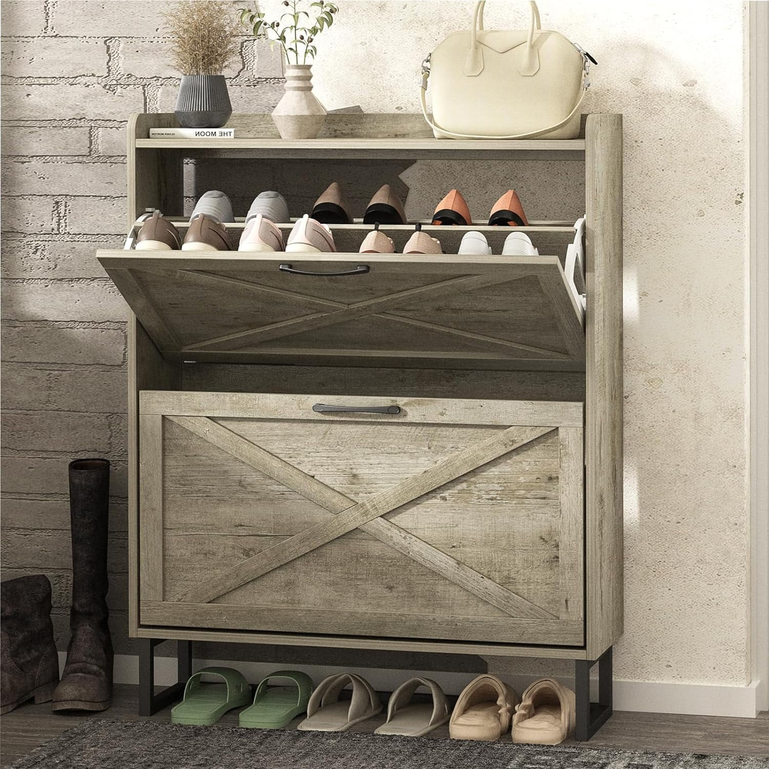 Shoe Storage with 3 Flip Drawers Freestanding Organizer with