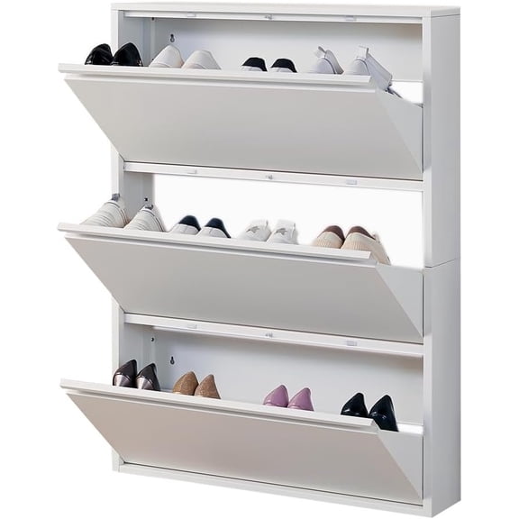 Shoe Storage Cabinet with 3 Flip Drawers,  Slim Narrow Shoe Rack Cabinet, Wall Mount Metal Shoe Cabinet for Entryway, White