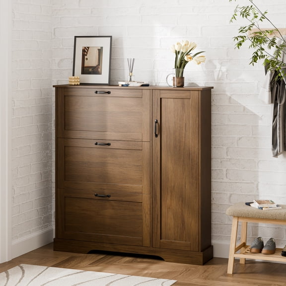Shoe Storage Cabinet with 3 Flip Drawers and Shelves, Narrow Shoe Organizer for Entryway Hallway