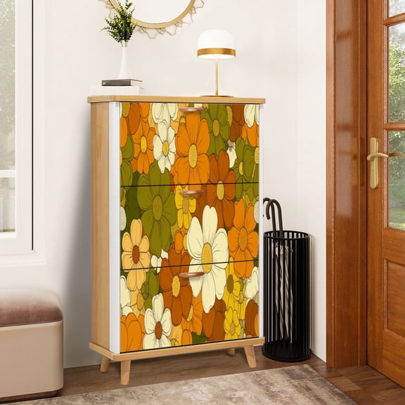 Shoe Storage Cabinet with 3 Flip Drawers for 70s Retro Flower Seamless Groovy Vintage Floral Repeat Flowers Flowers Shoe Rack Storage Organizer