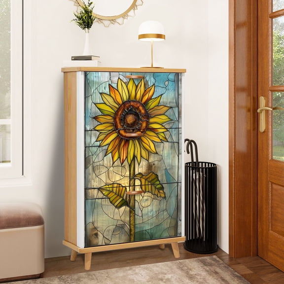 Shoe Storage Cabinet with 3 Flip Drawers for Bright Sunflower Stained Glass Hanging Home Shoe Rack Storage Organizer