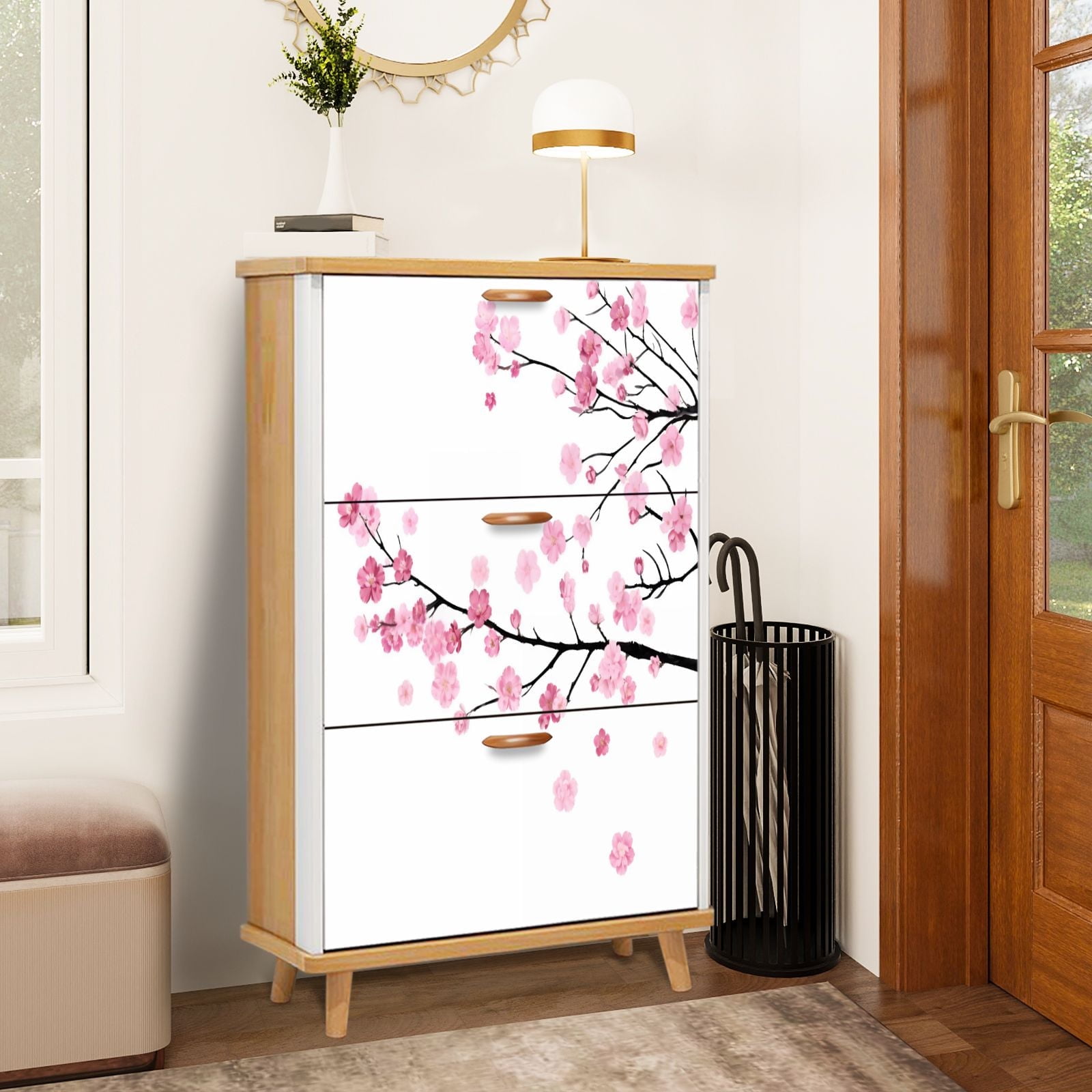 Shoe Stack Rack Flower Shoe Storage Cabinet with 3 Flip Drawers for Entryway Cherry blossoms ...