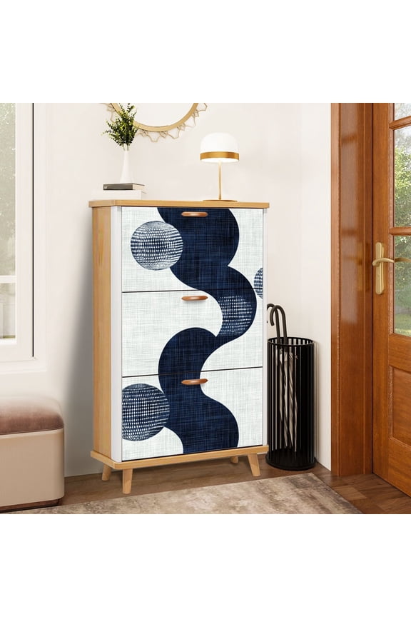 Shoe Storage Cabinet with 3 Flip Drawers for Entryway Geometric Curveball Collection Repeating Loops Blue White Contrast Shoe Rack Storage Organizer
