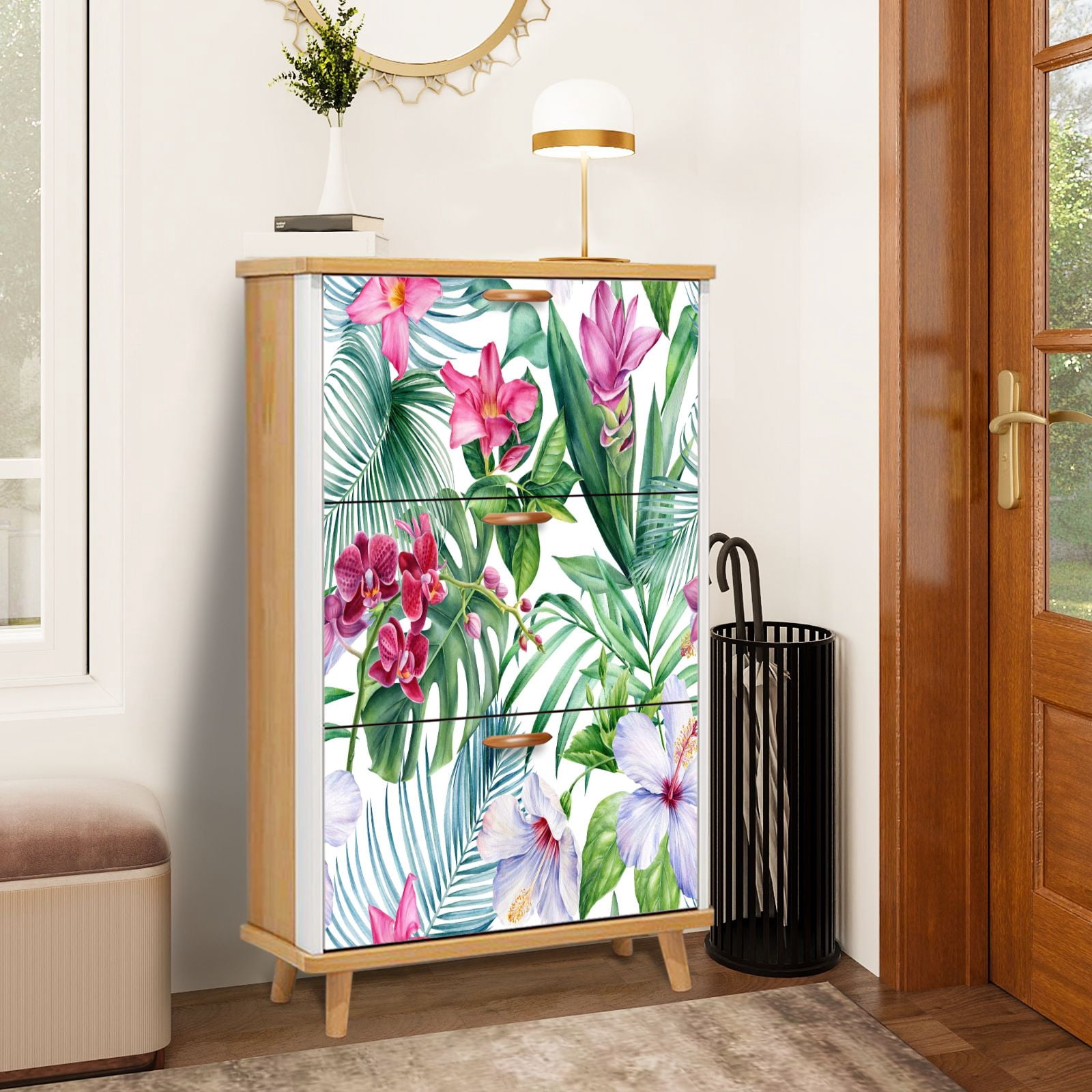 Shoe Storage Cabinet with 3 Flip Drawers for Entryway Palm leaves ...