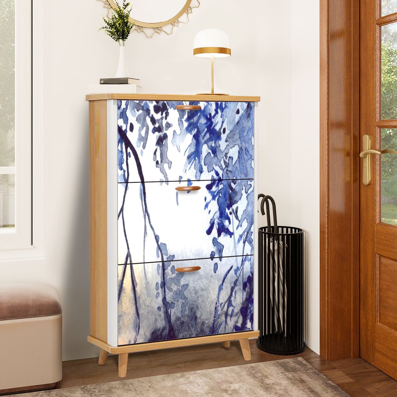 Shoe Storage Cabinet with 3 Flip Drawers for Entryway Watercolor navy ...