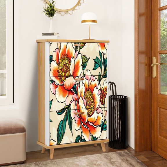 Shoe Storage Cabinet with 3 Flip Drawers for Entryway White Floral Removable Flower Peony Flowers Leaves Floral Patterns Shoe Rack Storage Organizer