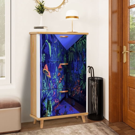 Shoe Storage Cabinet with 3 Flip Drawers for Entryway Exotic Animal Jungle Mural Blacklight Magic Shoe Rack Storage Organizer