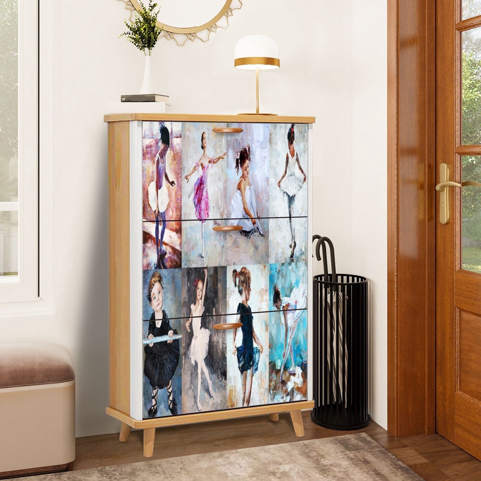 Shoe Storage Cabinet with 3 Flip Drawers for Entryway oil painting girl ...