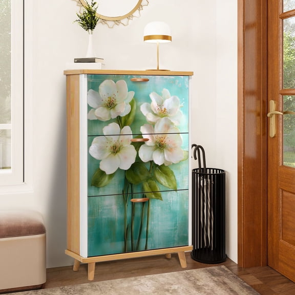 Shoe Storage Cabinet with 3 Flip Drawers for Forest Blossoms Green Floral White Flowers Leaves Stems Delicate Shoe Rack Storage Organizer