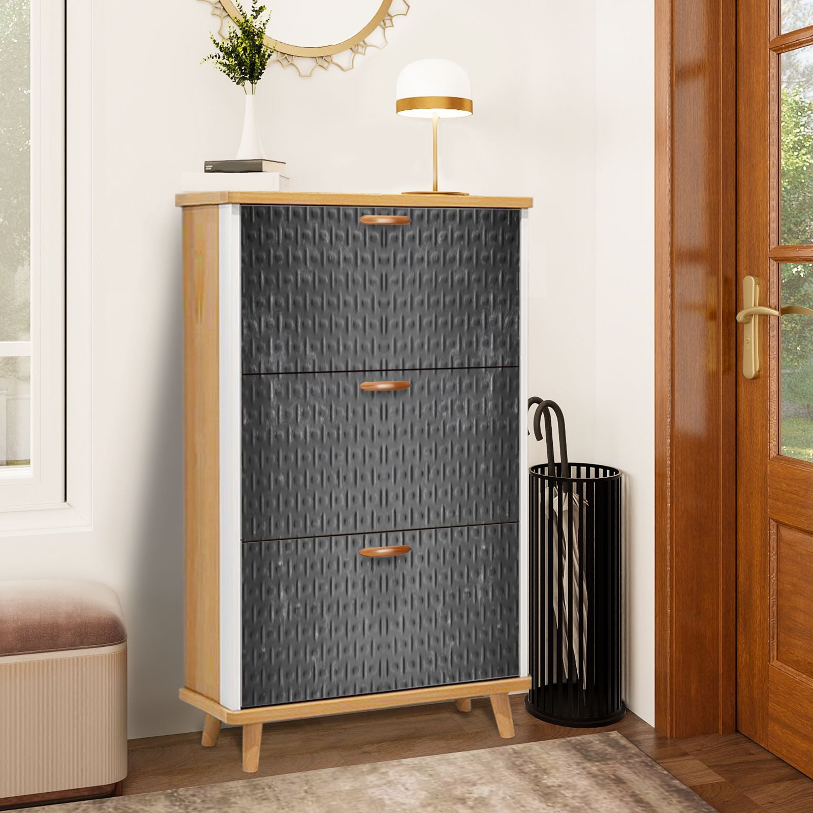 Shoe Storage Cabinet with 3 Flip Drawers for Grey metal texture Shoe ...