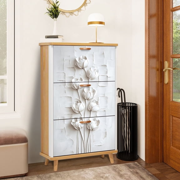 Shoe Storage Cabinet with 3 Flip Drawers for Hand Painted Flower Oil Paintings White Floral Abstract 3D Vertical Shoe Rack Storage Organizer