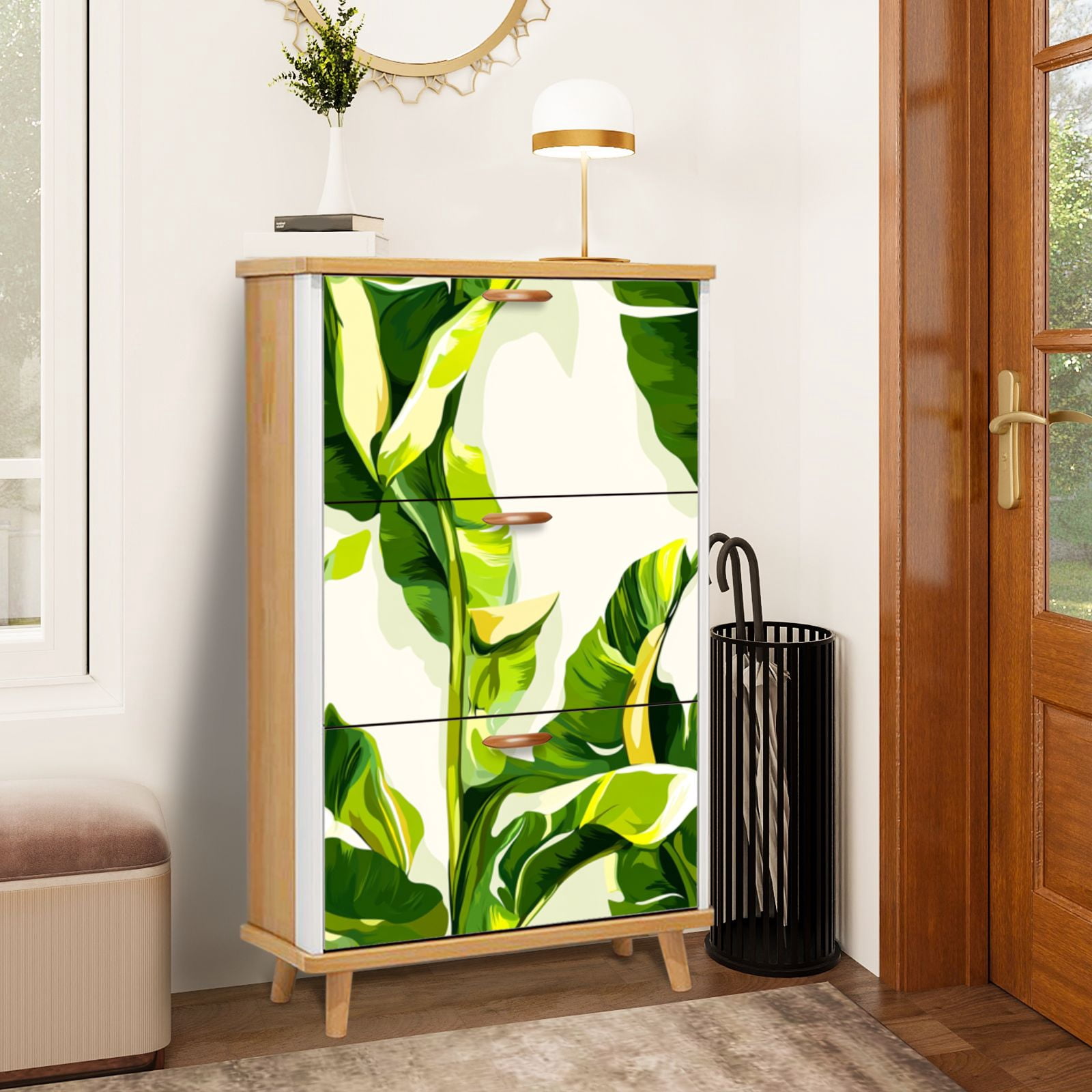 Shoe Storage Cabinet with 3 Flip Drawers for Tropical Palm Leaf Green ...