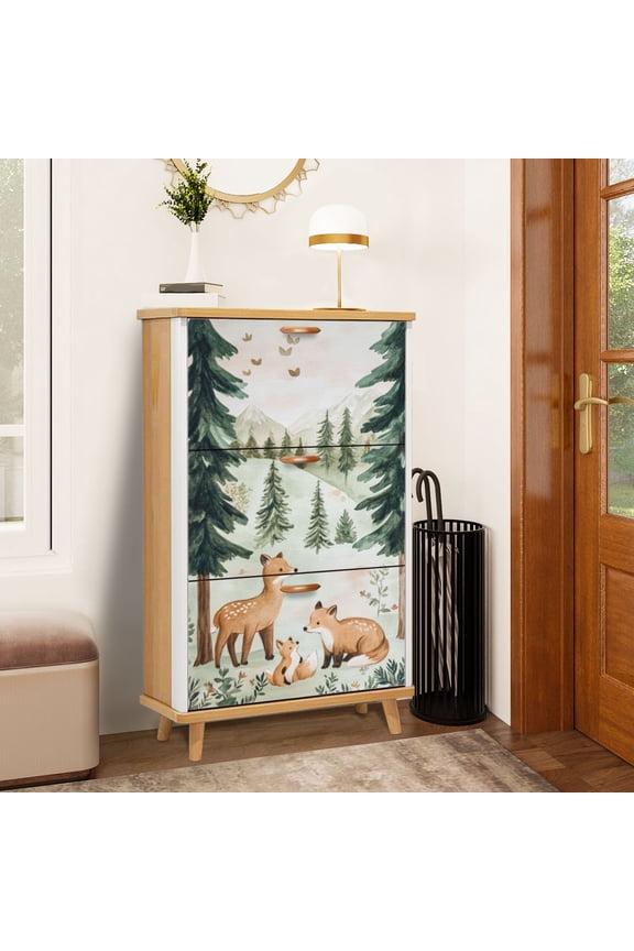 Shoe Storage Cabinet with 3 Flip Drawers for Woodland Animal Forest Watercolor Bear Deer Fox Kids Foxes Tall Pine Shoe Rack Storage Organizer