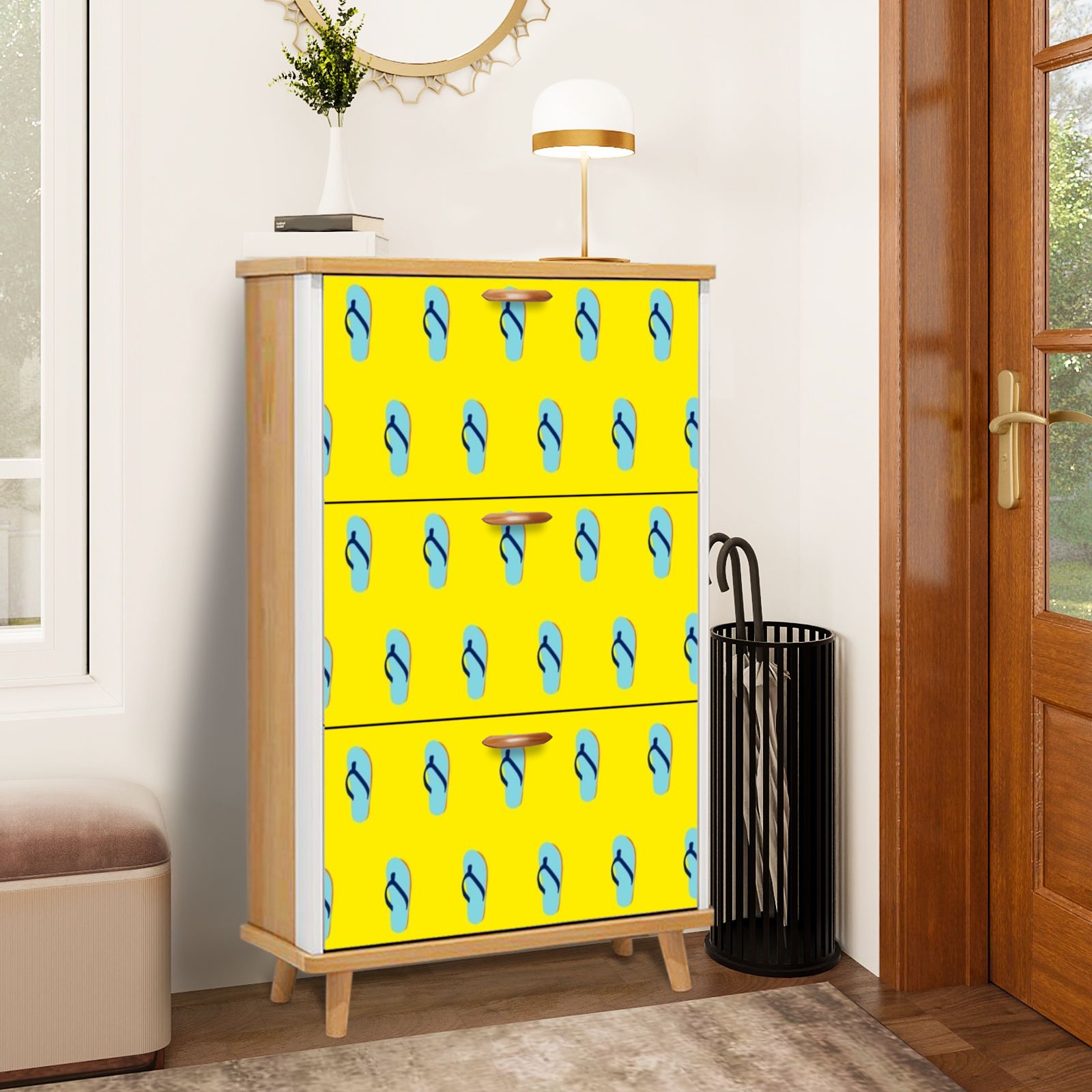 Shoe Storage Cabinet with 3 Flip Drawers for flip flops against yellow ...
