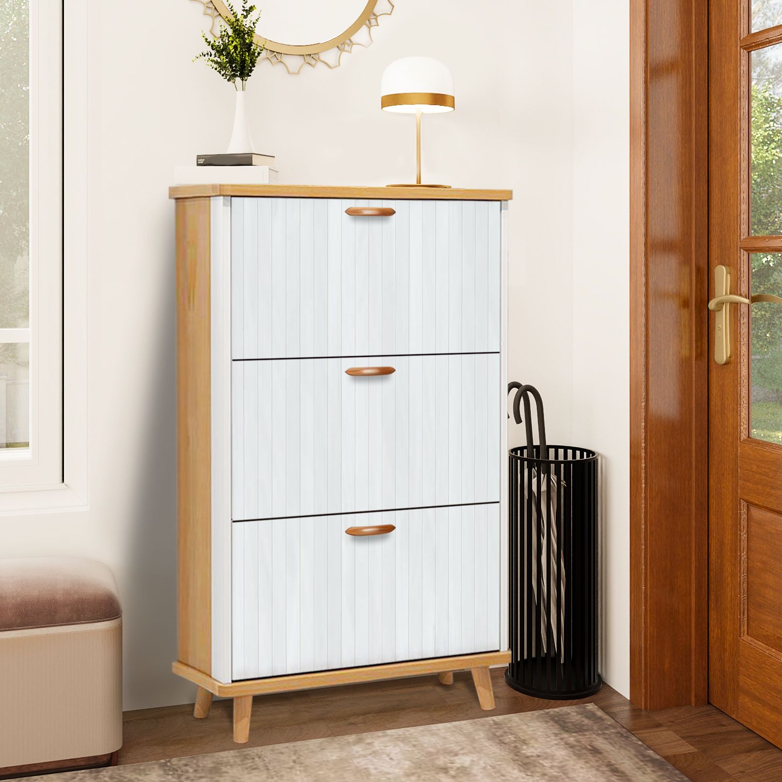 Shoe Rack Backdrop Shoe Storage Cabinet with 3 Flip Drawers for wood plank backdrop white ...