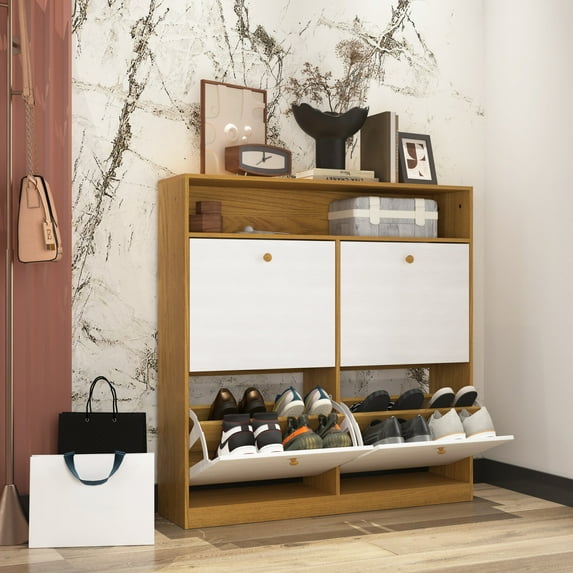 Shoe Storage Cabinet with 4 Flip-Up Doors, Space-Saving Entryway Organizer with Wall-Mount Safety Kit, Natural Finish