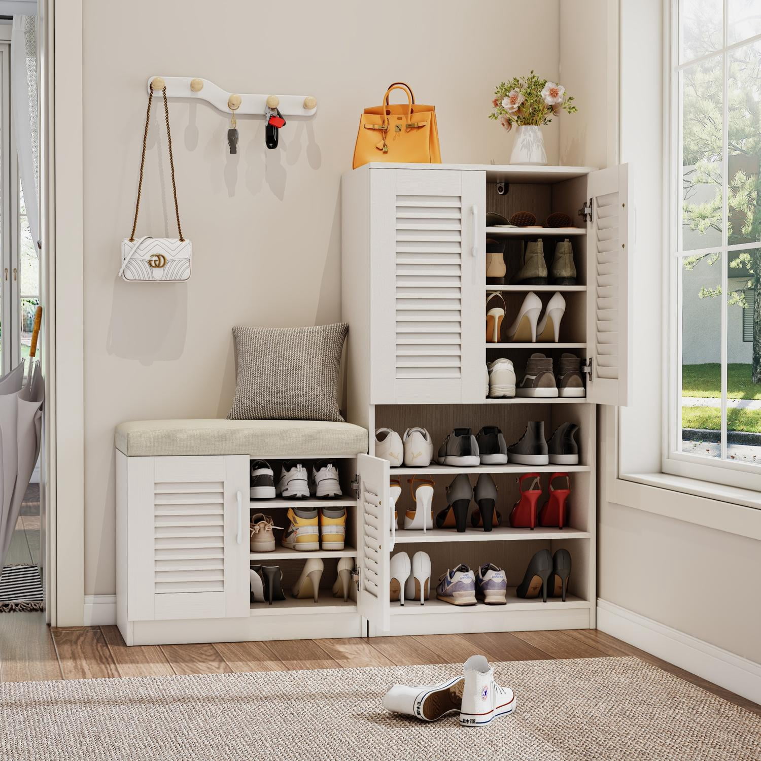 Shoe Storage Cabinet with Bench and 7+3 Adjustable Shelves, Entryway Shoe Rack and Hallway Organizer with Cushioned Seat for Home, White