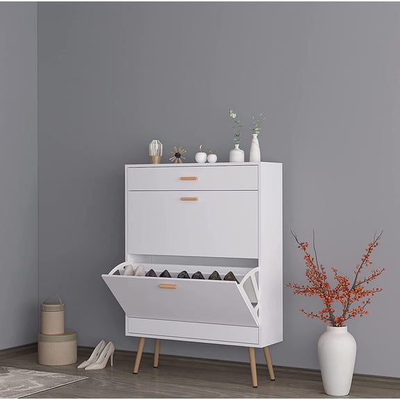 Shoe Storage Cabinets, Free Standing Shoe Organizer with 2 Flip Drawers for Entryway, Narrow 3 Tier Entryway Hidden Shoe Rack with Doors for Heels, Boots, Slippers (White-2 Flip Drawers)
