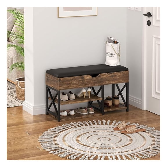 Shoe Storage , Multifunctional Entryway with 3-Tier Shoe Rack & Cushioned Seat, Shoe Rack for Front Door Entrance, Brown