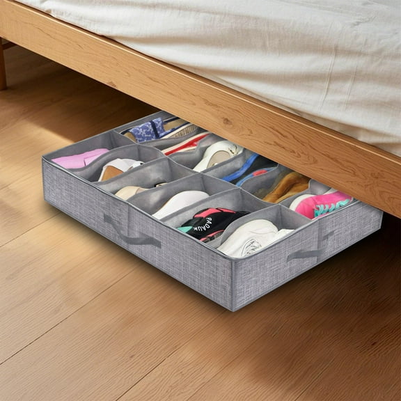 Shoe Storage Organizer Under Bed, Large Breathable Linen Shoe Box with Metal Zipper, Clear Underbed Storage Container for Shoes Boots, Collapsible Closet Organizer with Handles(29.52*23.62*5.9In)