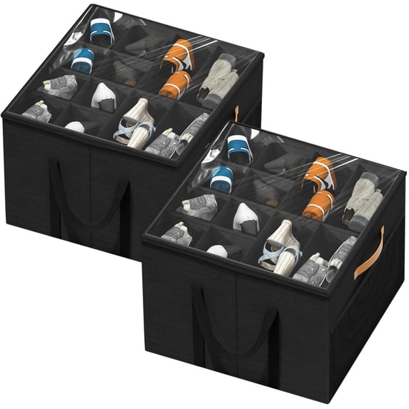 Aokeyee Shoe Organizer for Closet, 2 Pack Foldable Shoe Storage Organizer Box Bin with Cover and Reinforced Handles, Fit 16-32 Pairs, Black