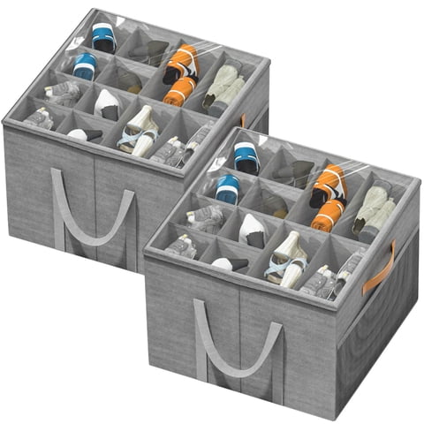 Aokeyee Shoes Organizer for Closet, 2 Pack Shoe Holder with Clear Cover and Reinforced Handles, Fits 16-32 Pairs, Grey