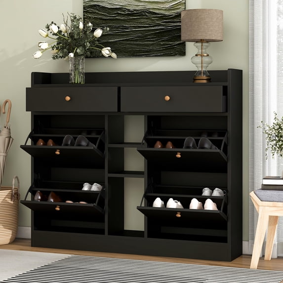 Shoe Storage Organizer With 4 Flip Drawers, Black, Multifunctional For Entrance Hall Entranceway Rack & Modern