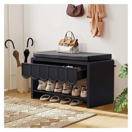 Shoe Storage Organizer with Cushion, Shoe Rack Cabinet with Drawer & Shelf - Black